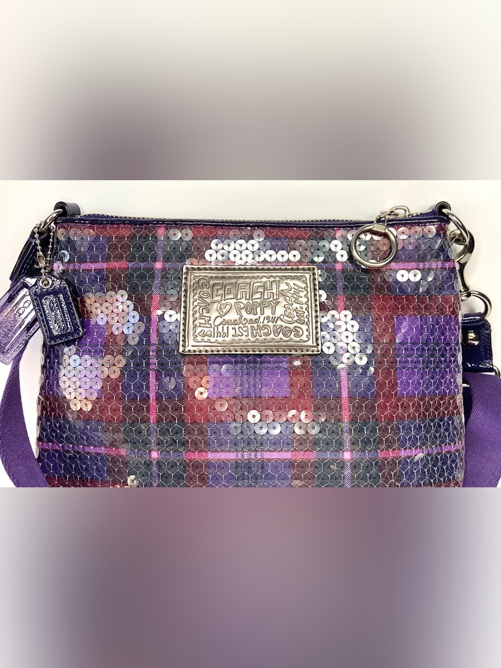 COACH POPPY Y2K EUC small  Purple Sequin Crossbody Plaid Accent bag - Picture 4 of 15